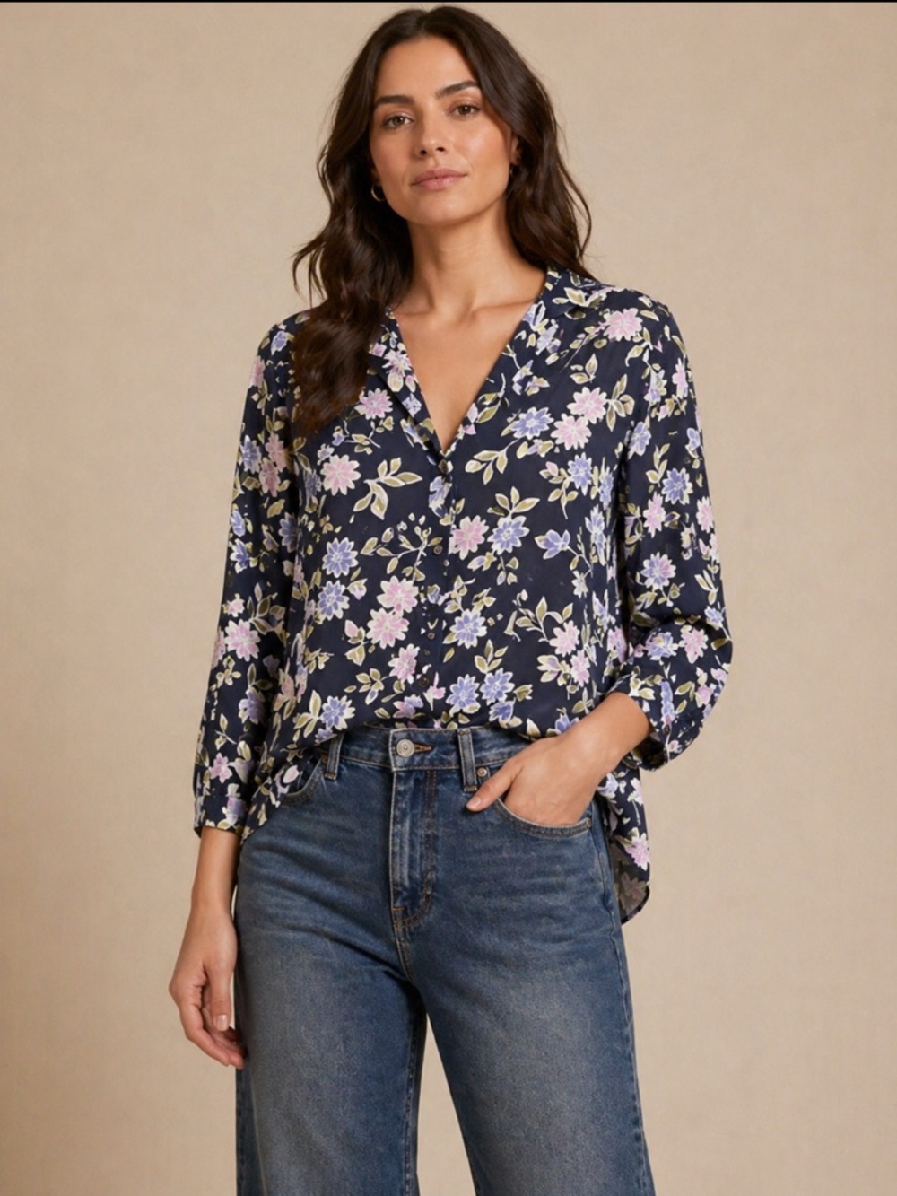 J. Jill Navy Floral V-Neck Button-Front Blouse Size-Medium Coastal Grandma